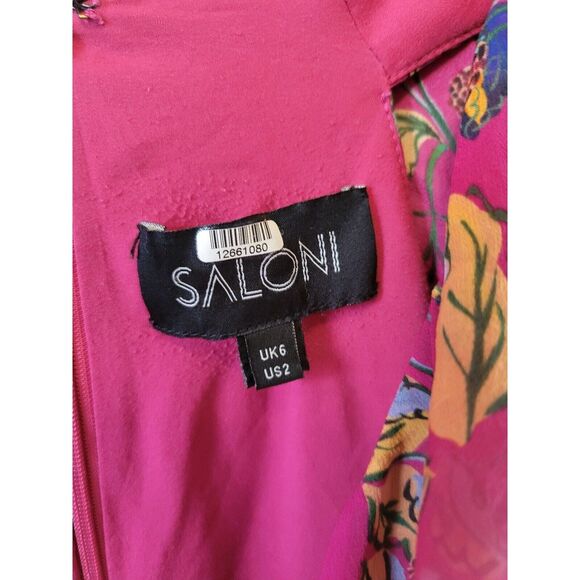 RTR sz 2 Saloni Cece magenta pink floral ruffle hemline v neckline mini dress - Picture 7 of 7